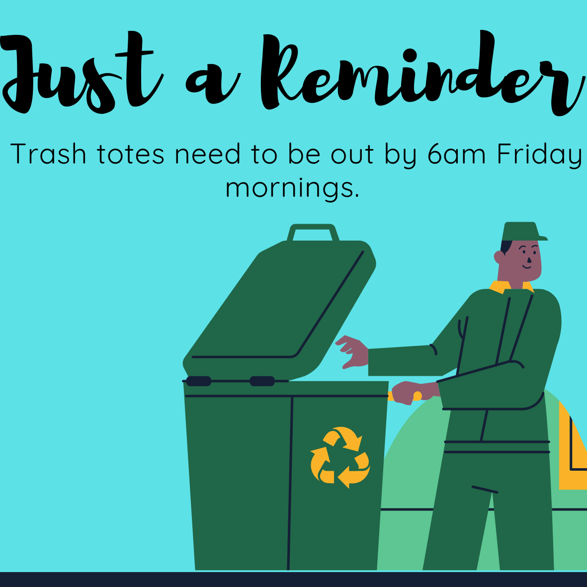 Just a reminder about Trash pickup. Totes need to be on the streets by 6:00 AM Friday mornings.