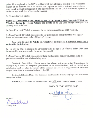 ORDINANCE NO. 	22-04 AN ORDINANCE AMENDING ARTICLE III - GOLF CARS AND OFF HIGHWAY VEHILCES OF CHAPTER 16 – MOTOR VEHICLES AND T
