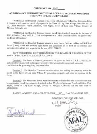 Ordinance No. 22-03 Authorizing The Sale of Real Property Owned by the Town of Log Lane Village
