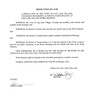 Resolution 2023-05 A resolution of the town of Log Lane Village, Colorado regarding audience participation at Log Lane Village W