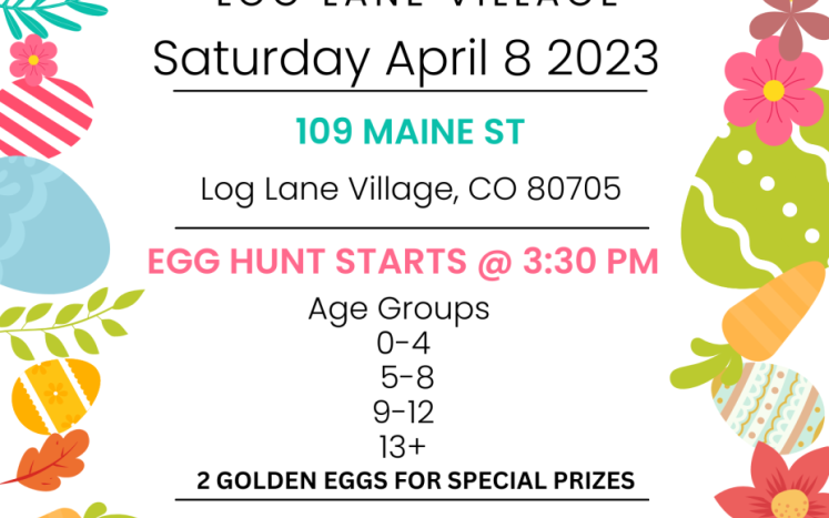 Community Easter Egg hunt starting at 3:30 PM Saturday April 8th 2023 at 109 Maine Street in Log Lane Village. We will have four