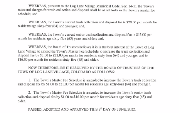 2022-01 A Resolution amending the Town's Master Fee Schedule to increase the trash fee 