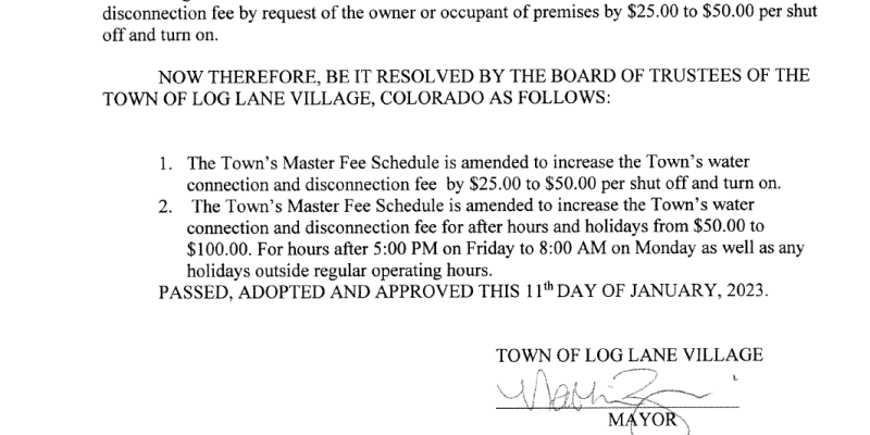 RESOLUTION NO. 2023-02   A RESOLUTION AMENDING THE TOWN’S MASTER FEE SCHEDULE TO INCREASE THE CONNECTION AND DISCONNECTION OF WA